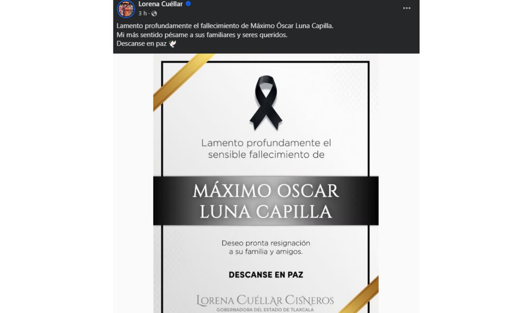 Gobernadora de Tlaxcala, Lorena Cuéllar lamenta asesinato de Máximo Óscar Luna Capilla (04/06/2025). Foto: Facebook (Lorena Cuéllar)