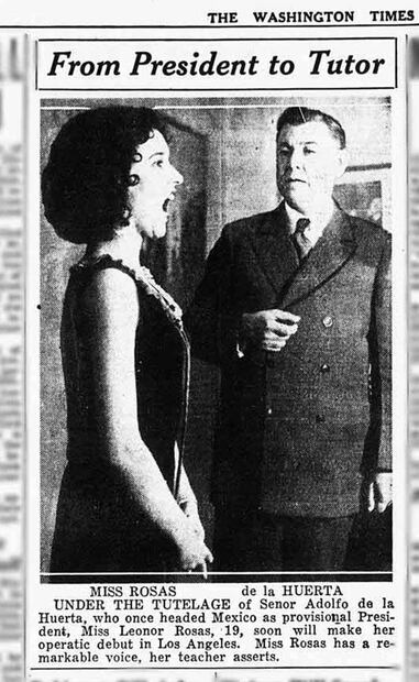 Nota para The Washington Times, sobre la preparación de la cantante Leonor Rosas, discípula de Adolfo de la Huerta. Se destaca el título de la gráfica “De presidente a tutor”. 11 de febrero de 1932 Foto: The Washington Times/Library of Congress US.