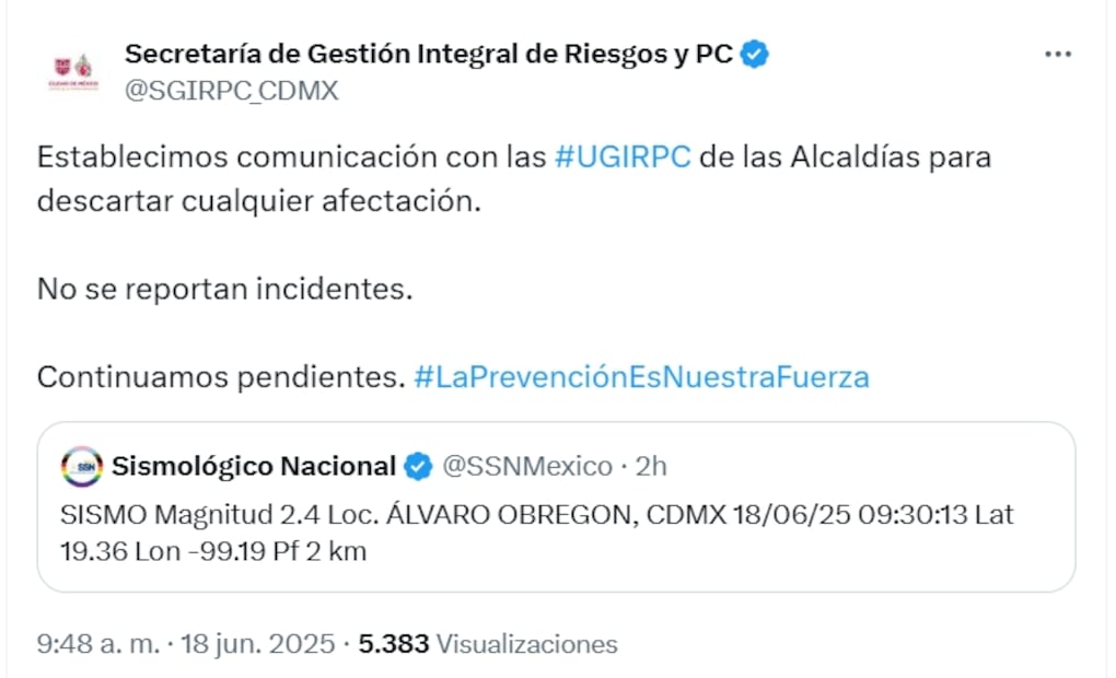 Secretaría de Gestión Integral de Riesgos y Protección Civil. Fuente: X