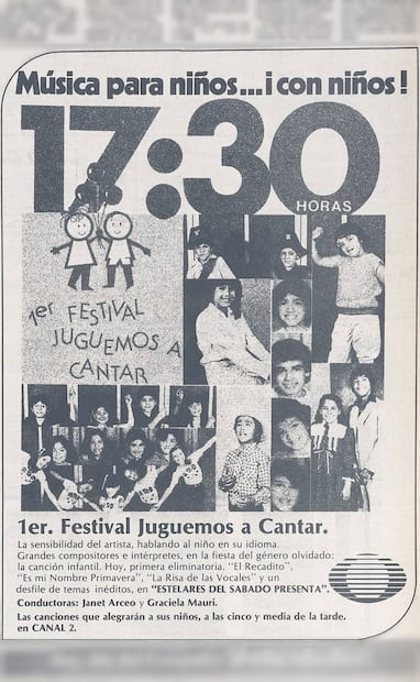 Anuncio para Juguemos a Cantar 1982. Productores del concurso y ejecutivos de la disquera Mussart aseguraron que no obligaban a cumplir contratos, los niños podían dejar las actividades artísticas cuando quisieran. Foto: Hemeroteca EL UNIVERSAL.