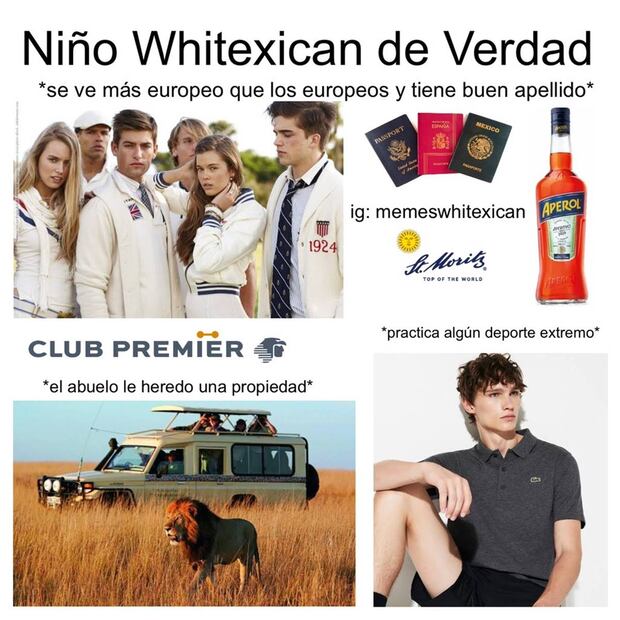 El usuario @memeswhitexican solía publicar memes que exponían el clasismo y estilo de vida privilegiados. Además de retratar la elección de ropa, bebidas y educación, incluyó el sarcástico texto "se ve más europeo que los europeos". Foto: X.