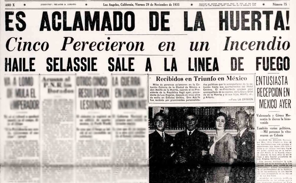 El diario “La Opinión de Los Ángeles” dio una detallada cobertura del regreso de Adolfo de la Huerta junto su familia a su país de origen. Portada publicada el 29 de noviembre de 1935. Foto: Library of Congress/ Especial.